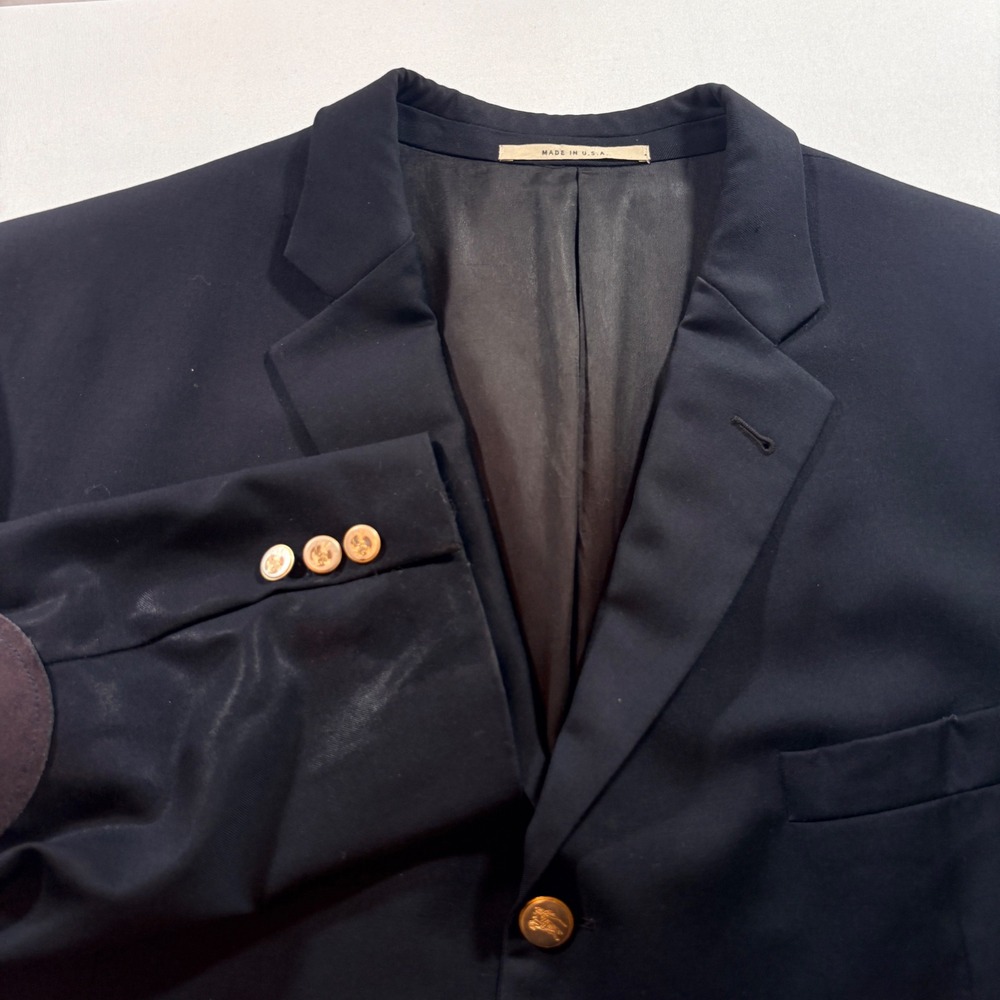 Burberry London Blazer Mens 46R Navy‎ Wool 3-Button Sport Coat Elbow Patches USA